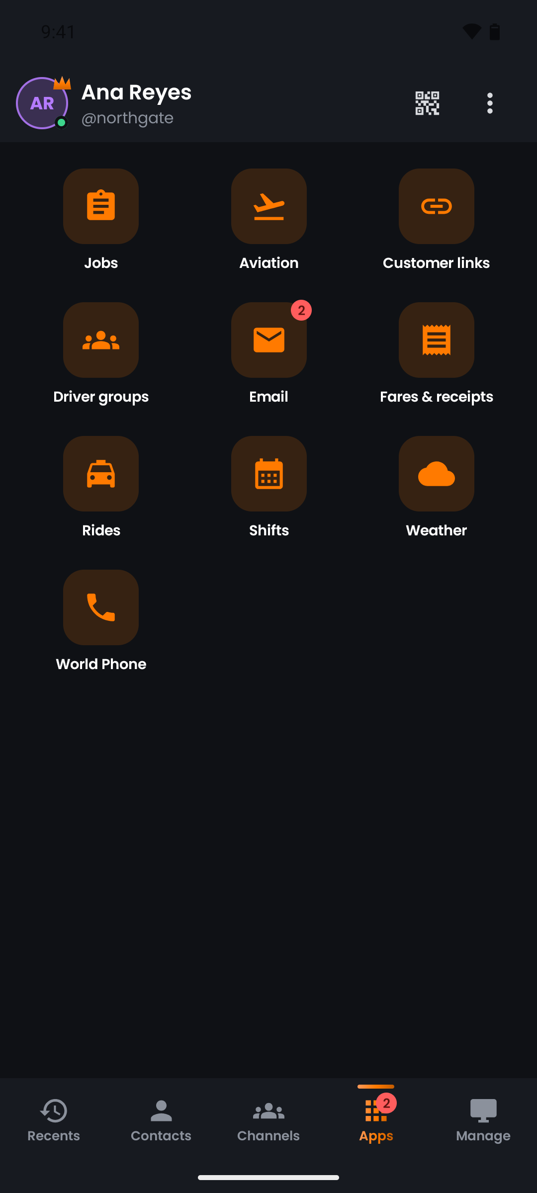 The push.tt Apps screen: Jobs, Aviation, Customer links, Driver groups, Email, Fares, Rides, Shifts, Weather and World Phone