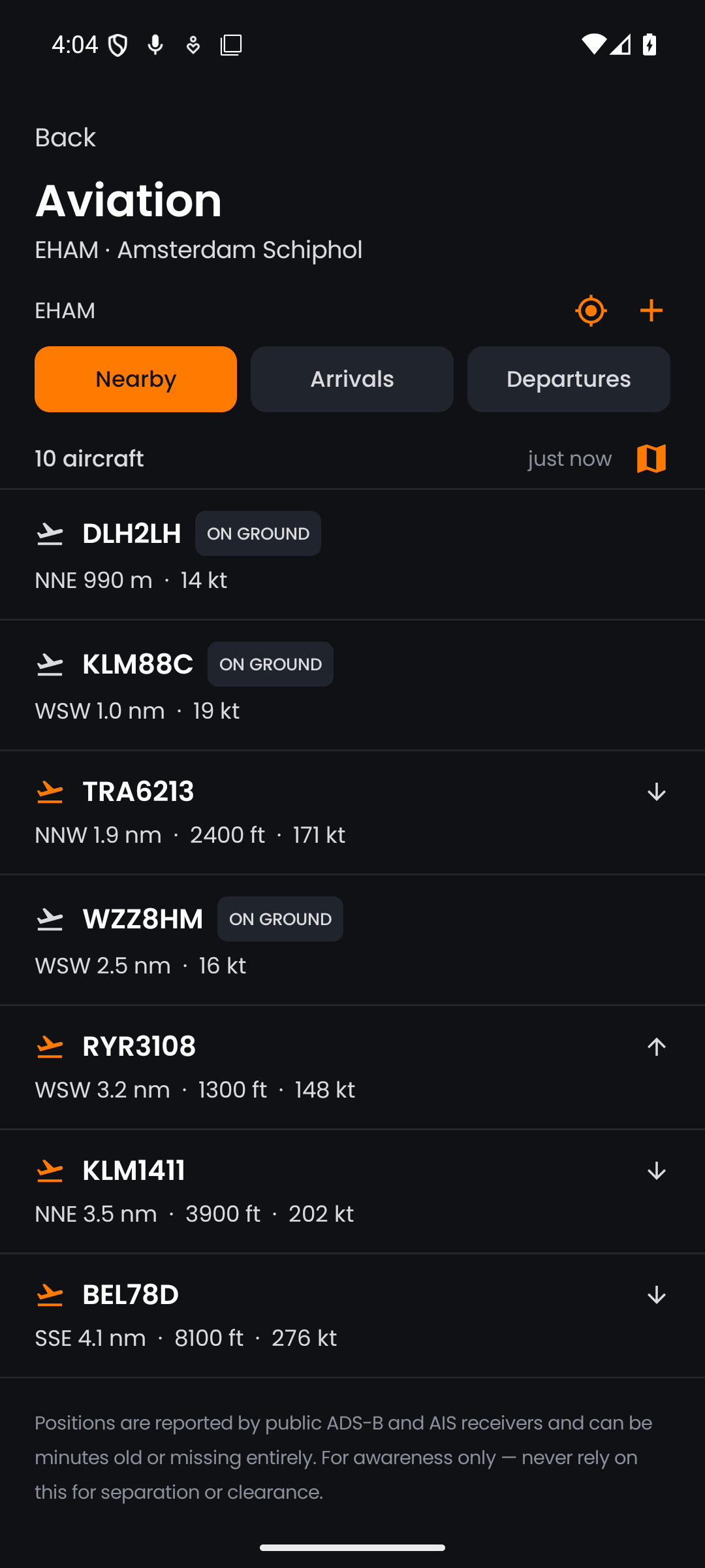 The nearby aircraft list in push.tt ordered by distance from Amsterdam Schiphol