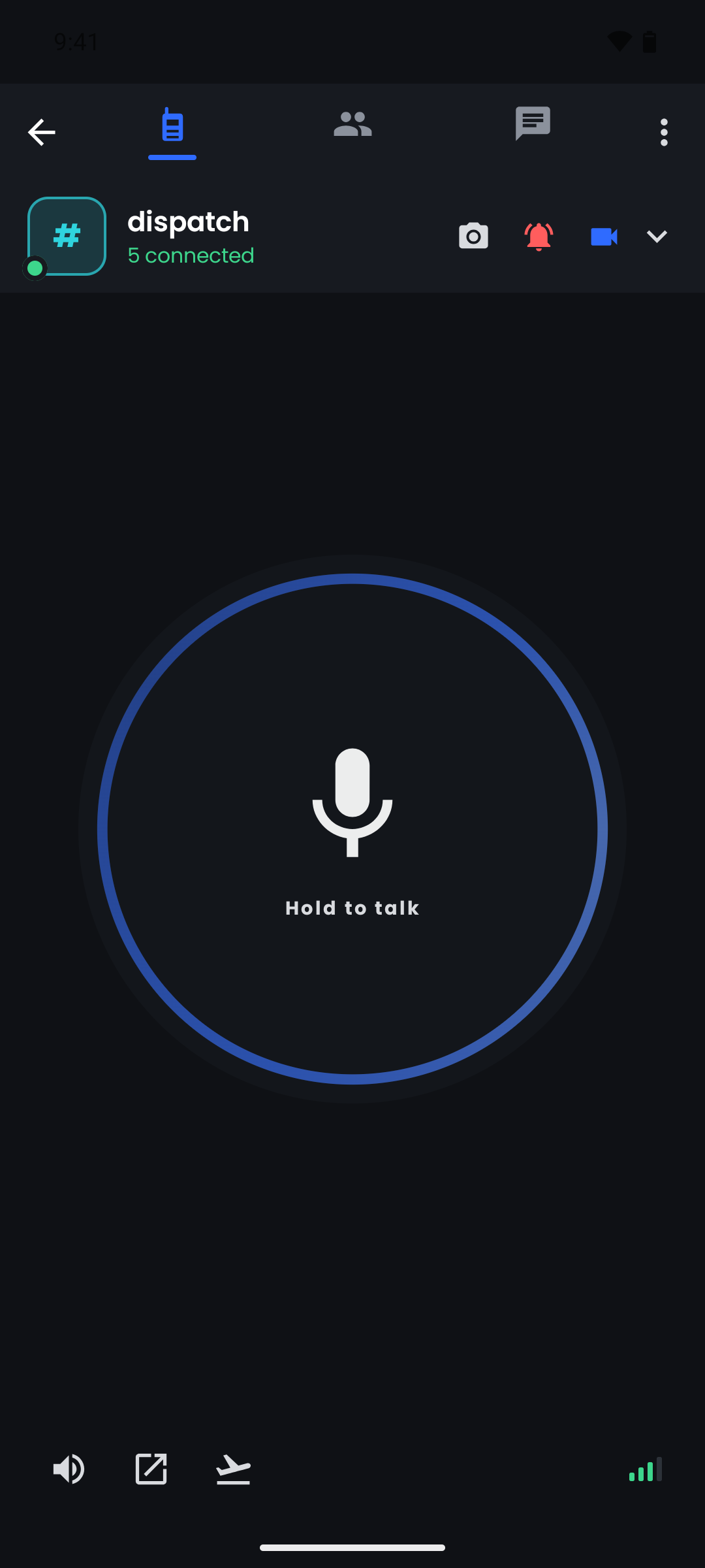 The same push.tt talk screen carrying a reseller identity: the interface is rendered in that brand’s blue throughout