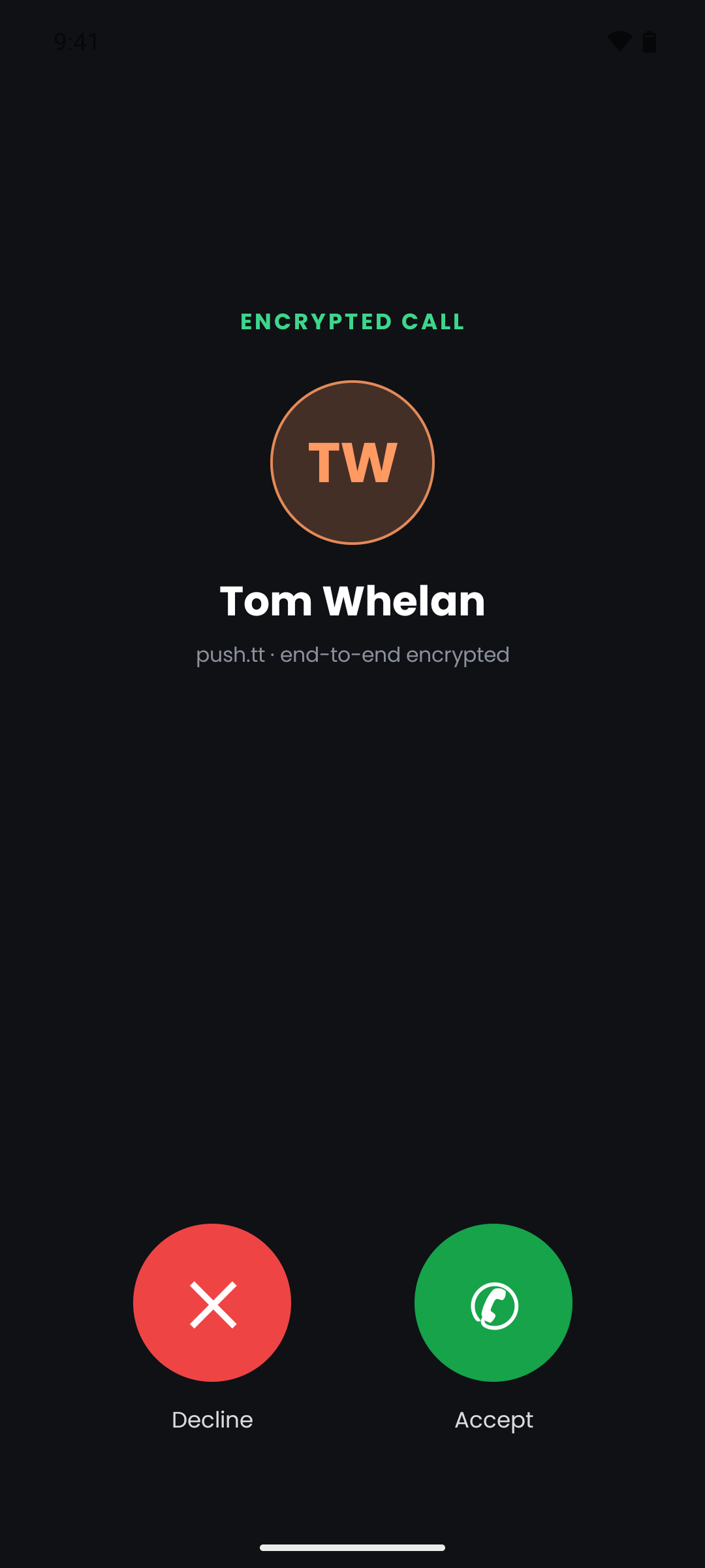 An incoming push.tt call, labelled an encrypted call before it is answered