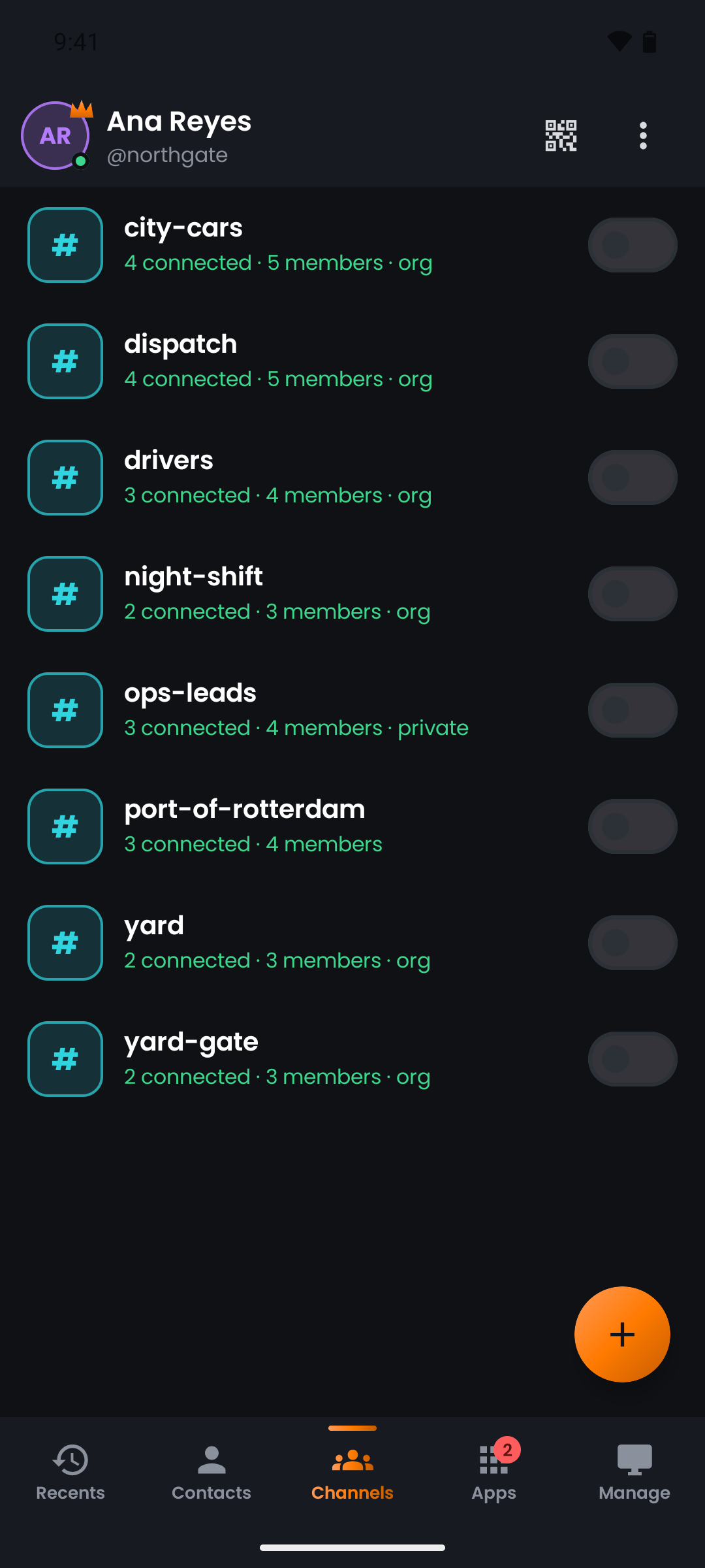 A channel list carrying all three kinds at once — organisation channels, a private channel and a public one, each labelled in the row itself
