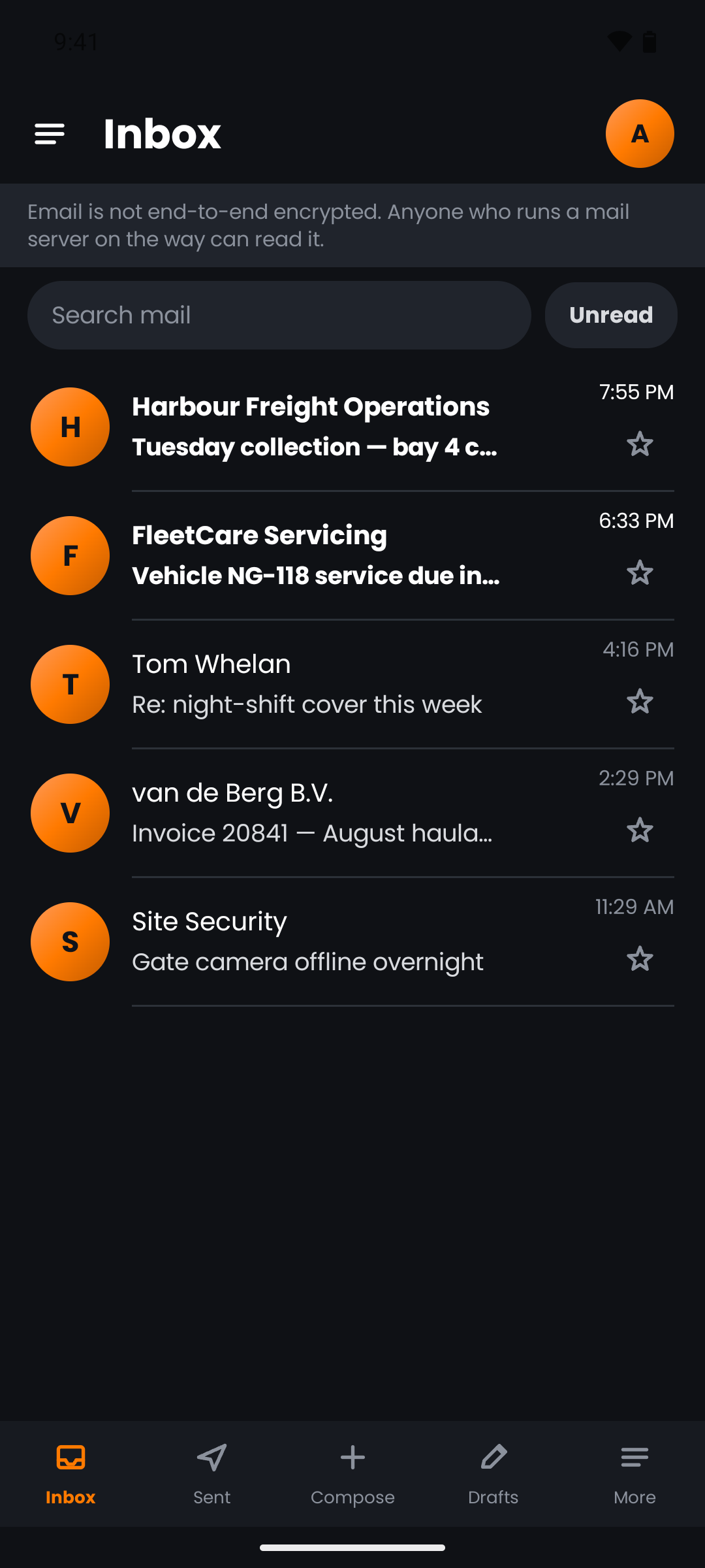 The push.tt built-in inbox on a handset, showing real work mail at the company domain
