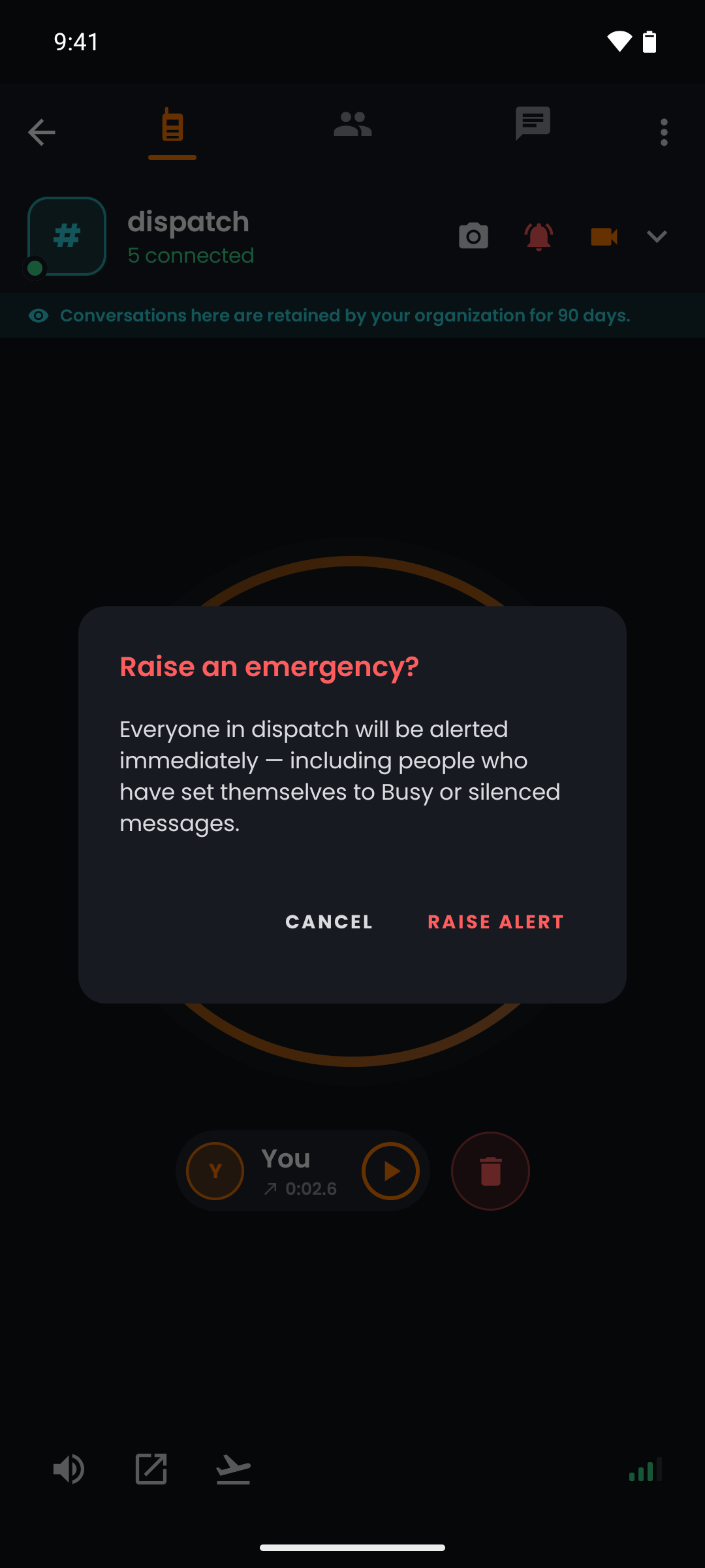 The confirmation before raising an emergency, warning that everyone will be alerted including people who set themselves busy