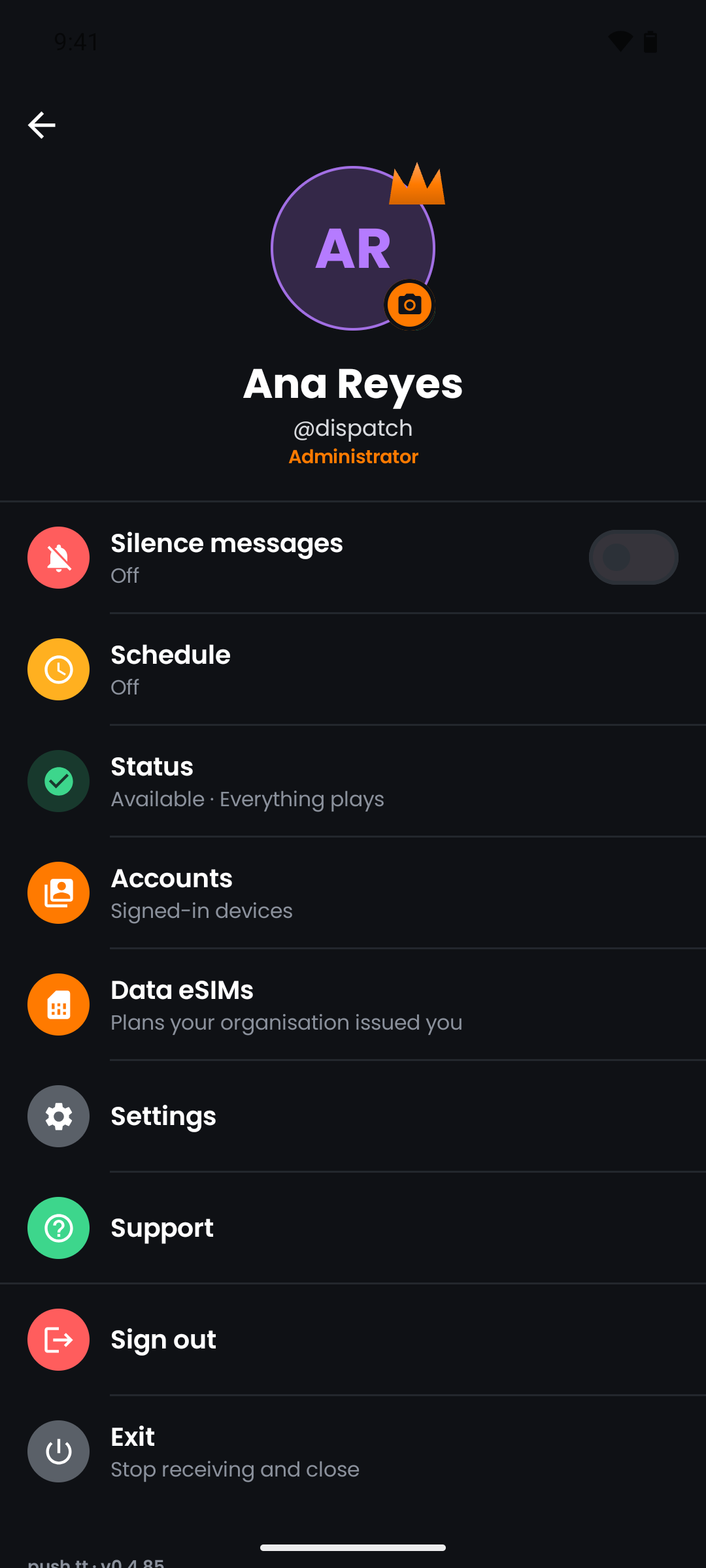 The app's profile drawer, showing the product name in the handset chrome
