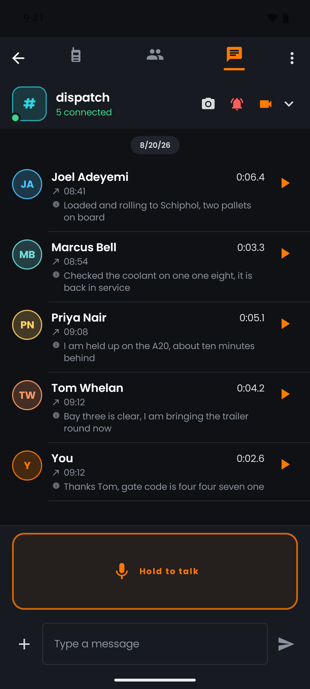 Voice history in a push.tt channel: who spoke, how long for, and a written line of what they said