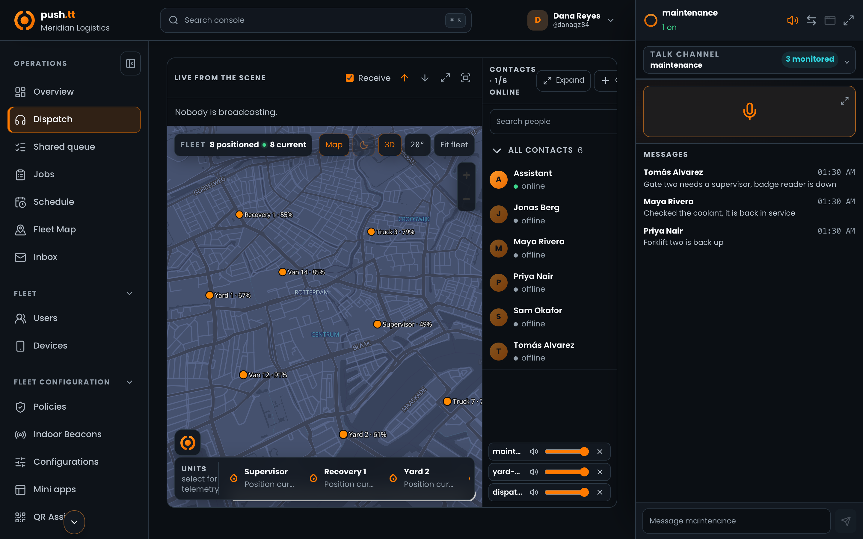 The current push.tt dispatch console showing live security channels and connected units