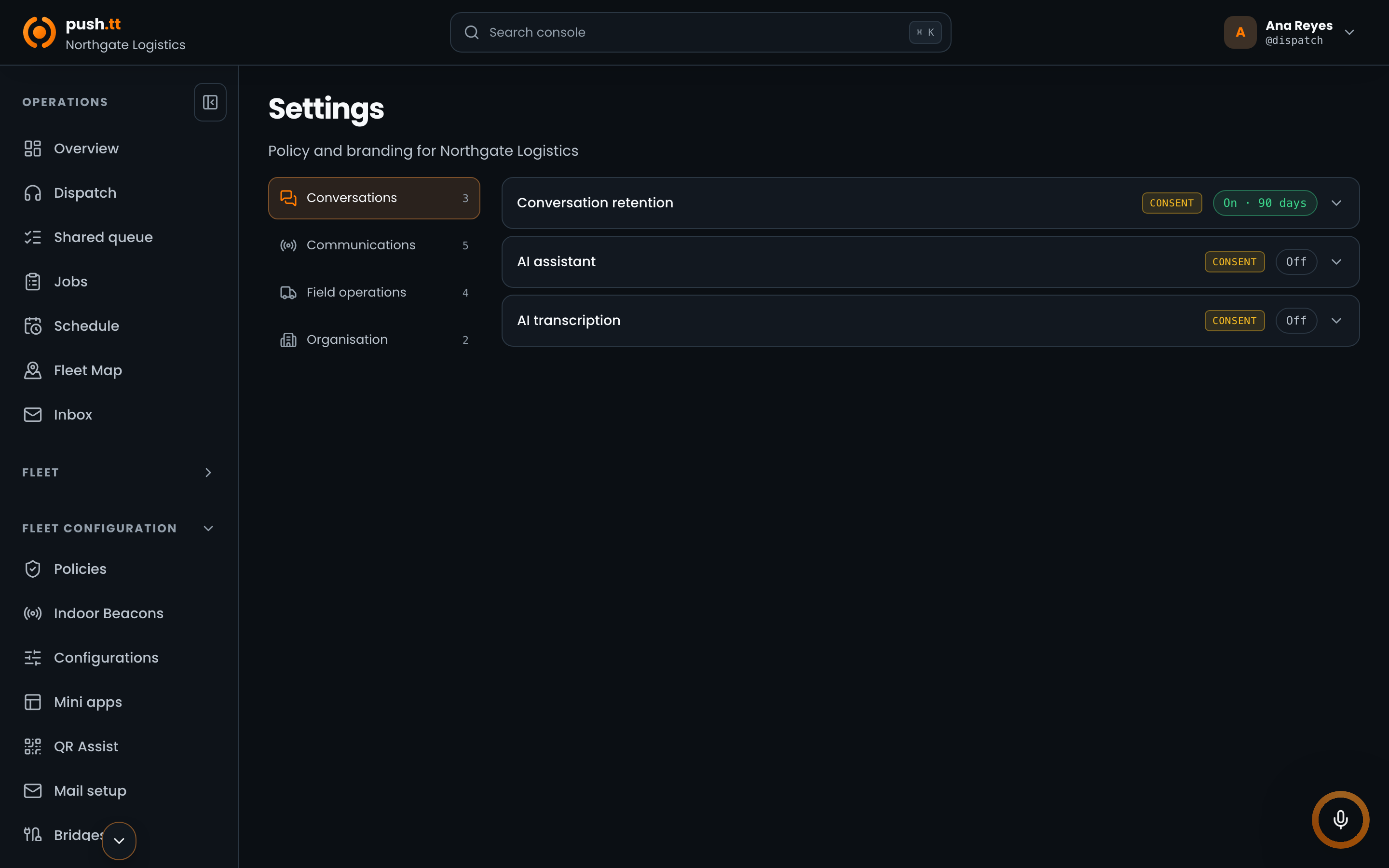 The management console settings page, showing the consent-gated org posture switches